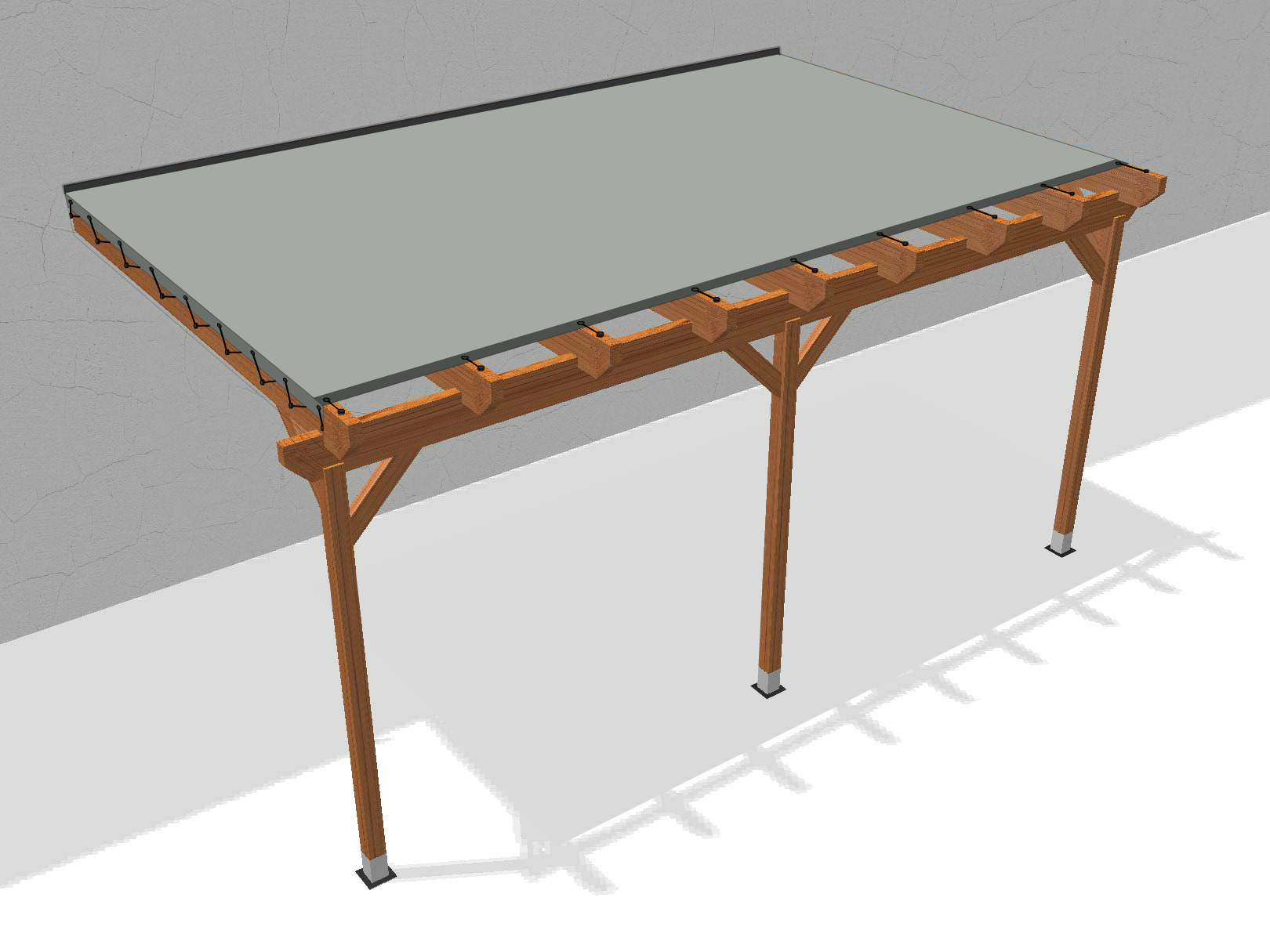 Bâche pour pergola bois murale avec débord en Membrane PVC 670gr/m² Gris clair RAL 7038